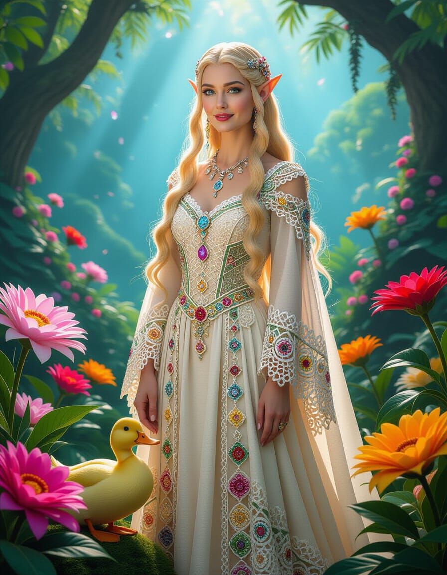 Galadriel in Rainforest, Klimt-Inspired Elf Portrait