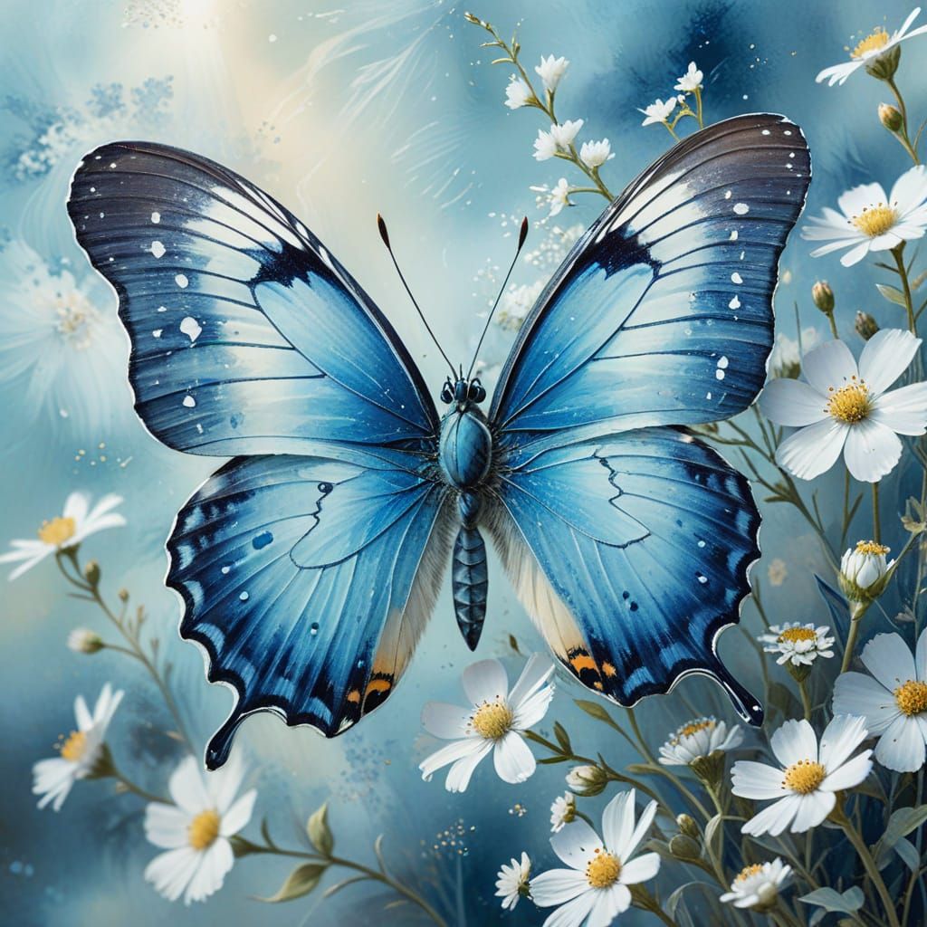 Blue Butterfly with White Flowers as Watercolor