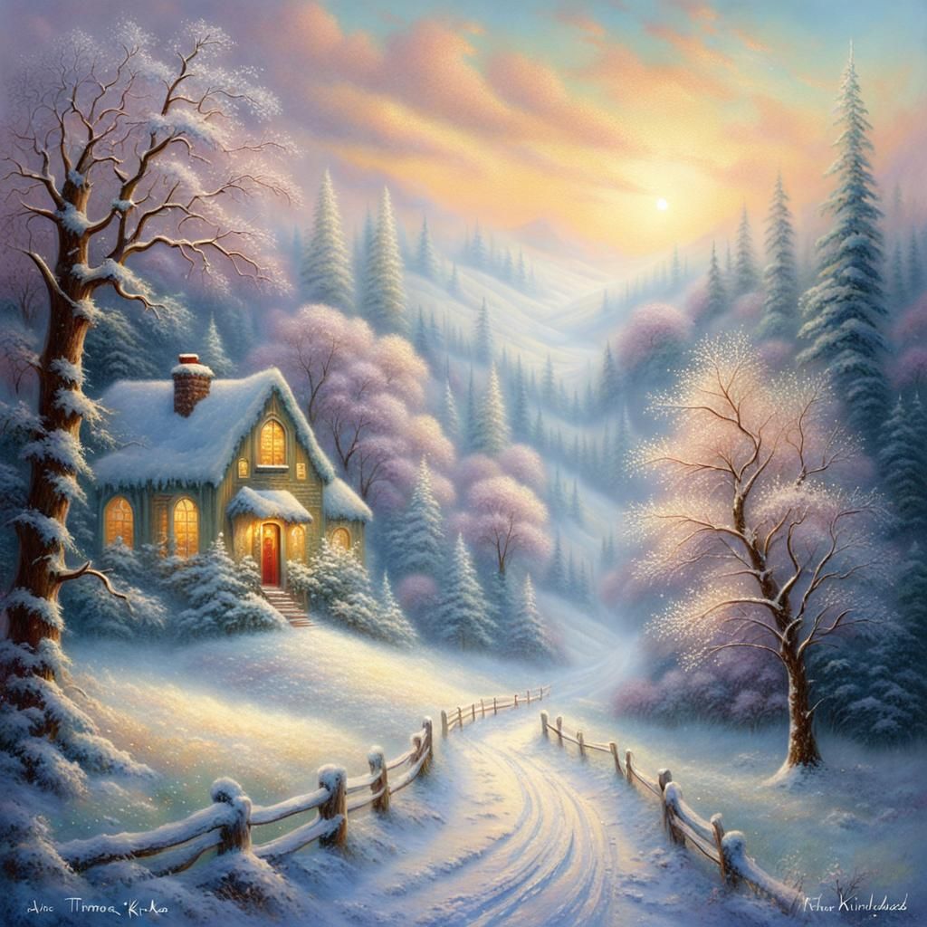 Ethereal Snowflakes Falling on Frosted Landscape