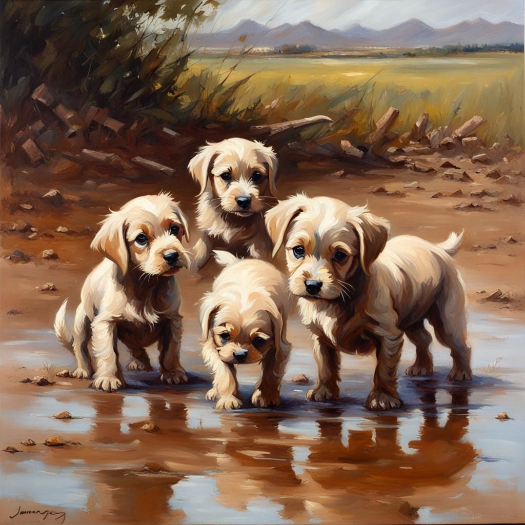 Puppies Playing in Mud, Oil Painting