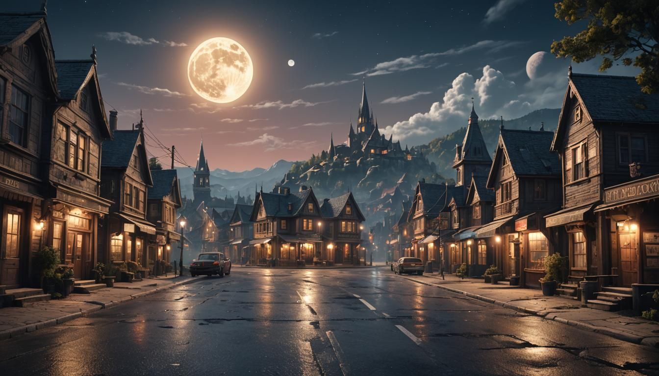Small Town Street Scene Under Full Moon