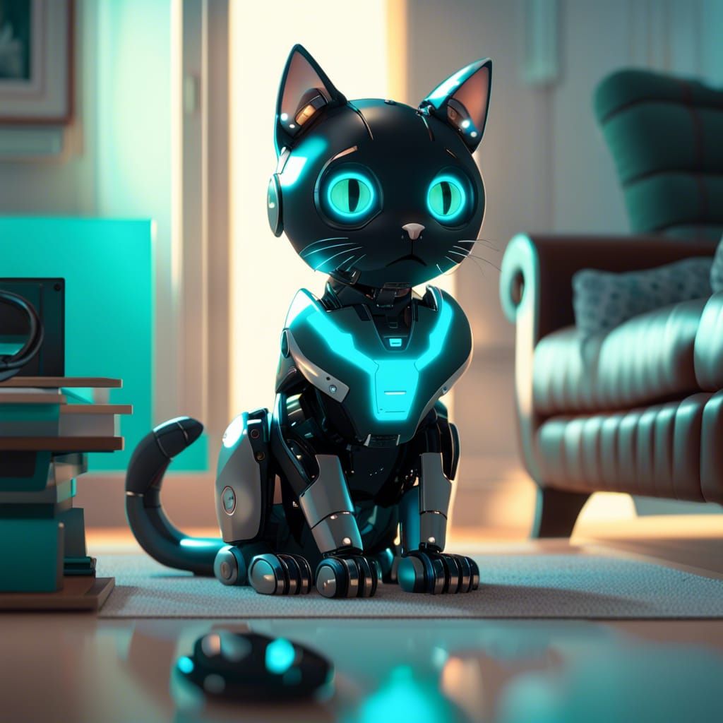 Adorable Robotic Cat in Living Room, Digital Art