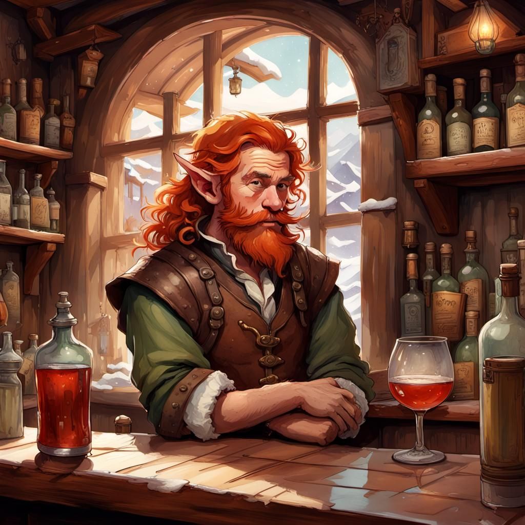 Elf Bartender in Tavern: Detailed Fantasy Art