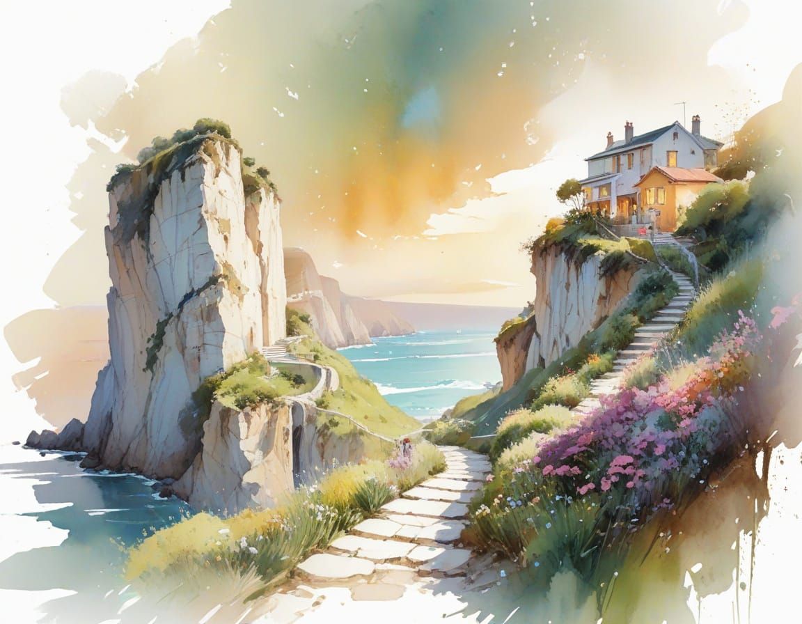 Stone Path on Cliffs with Pastel Houses at Golden Hour