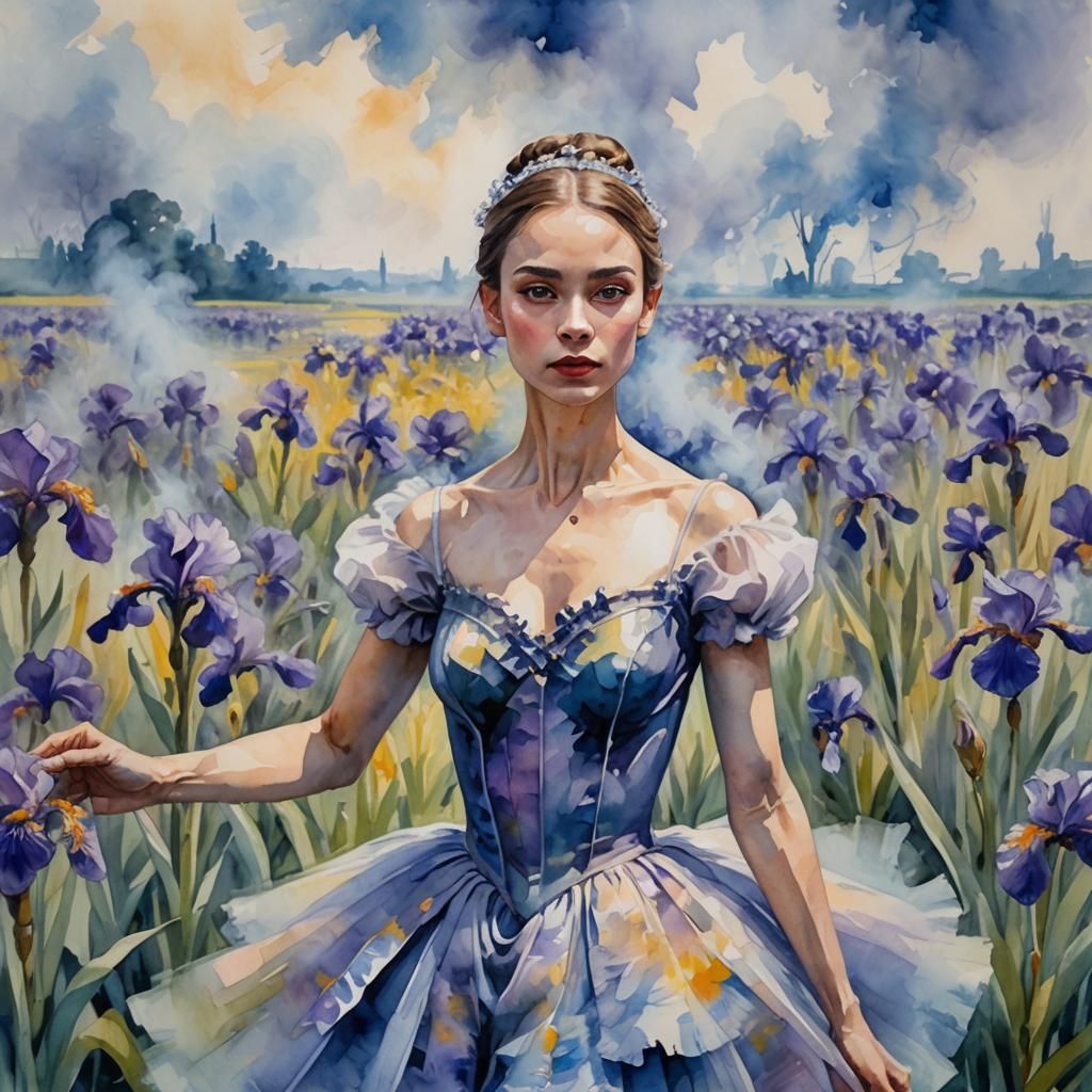 Smoke Ballerina in Iris Field: Impressionist Gouache Paintin...