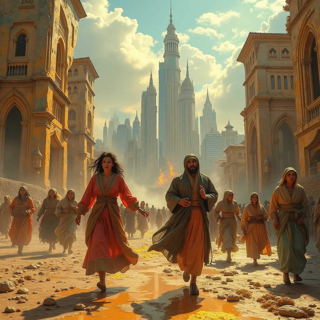 Refugees Fleeing Melting Golden City in Ornate Attire