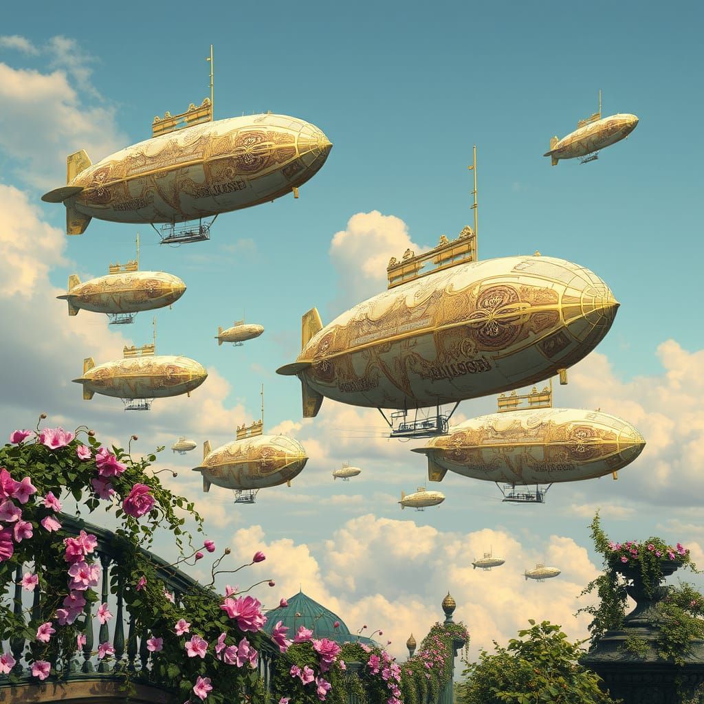 Ornate Airships Floating Botanical Gardens in Pastel Sky