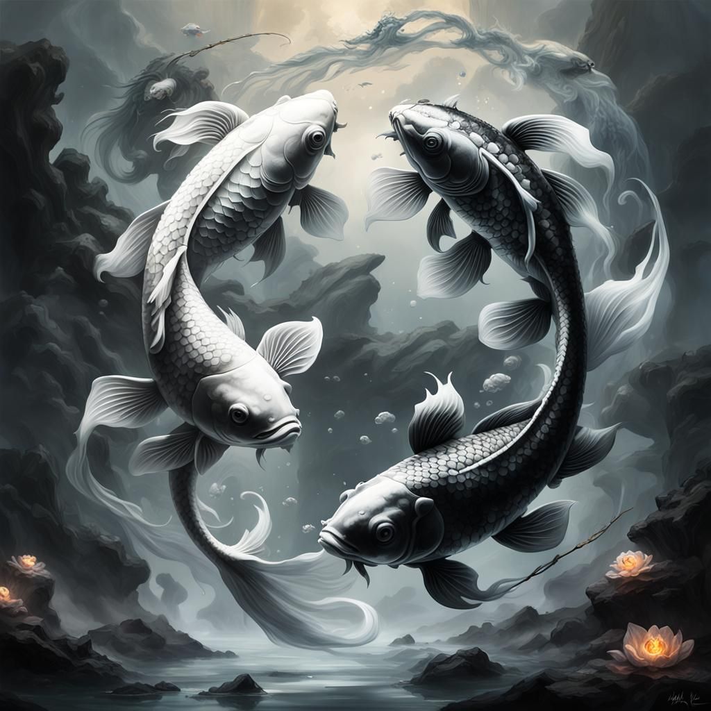 Yin Yang Koi Fish in Mystic Fog