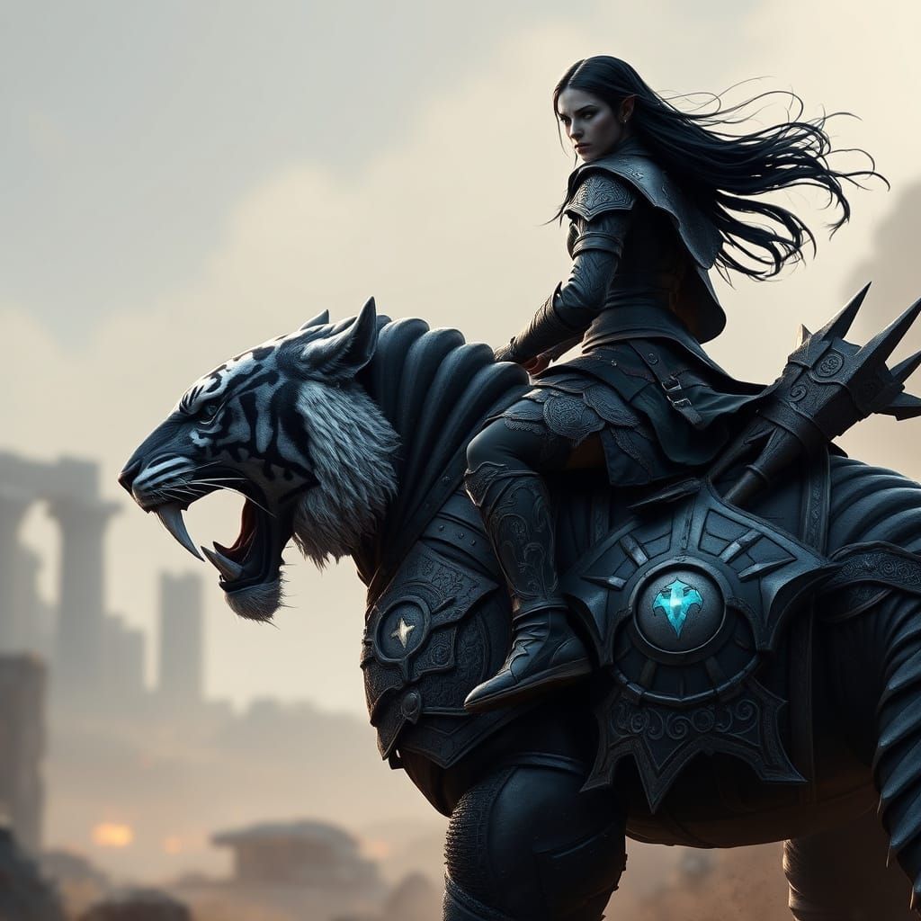 Dark Elf Warrior Rides Armored Saber Tooth Tiger in Hyperrea...