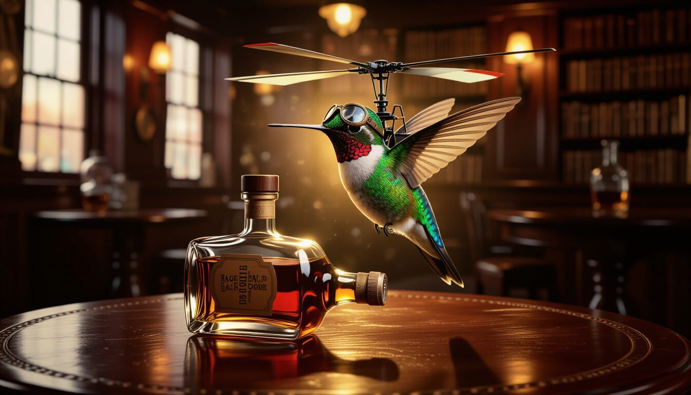 Hummingbird Pilot Hovers Over Whiskey Bottle