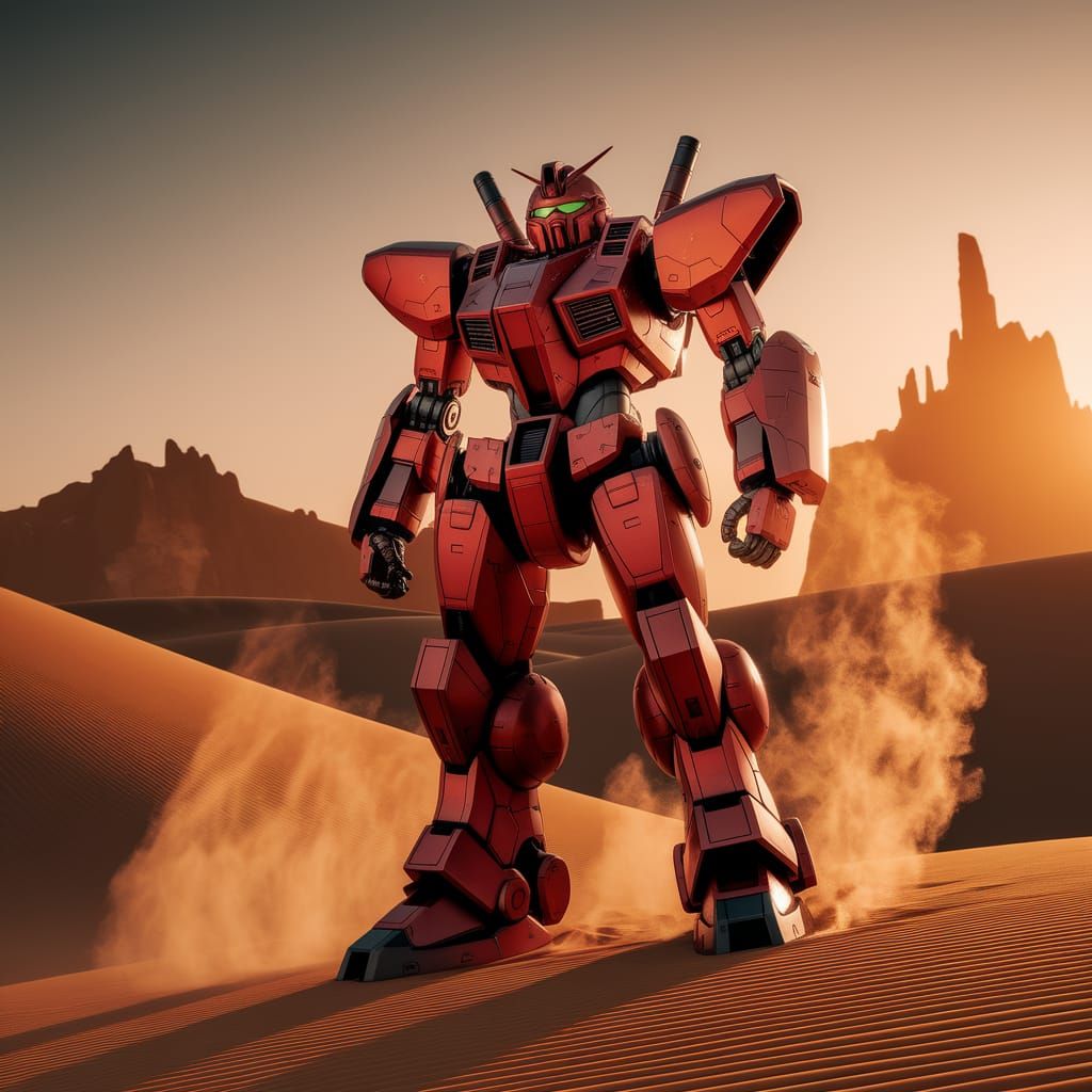 Z'Gok Mobile Suit at Sunset Over Ochre Dunes