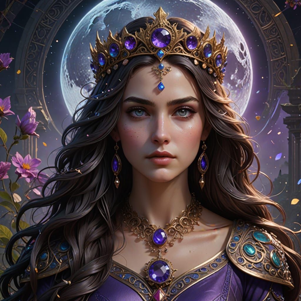 A stunning, close portrait of Selene, the Goddess of the Moon.