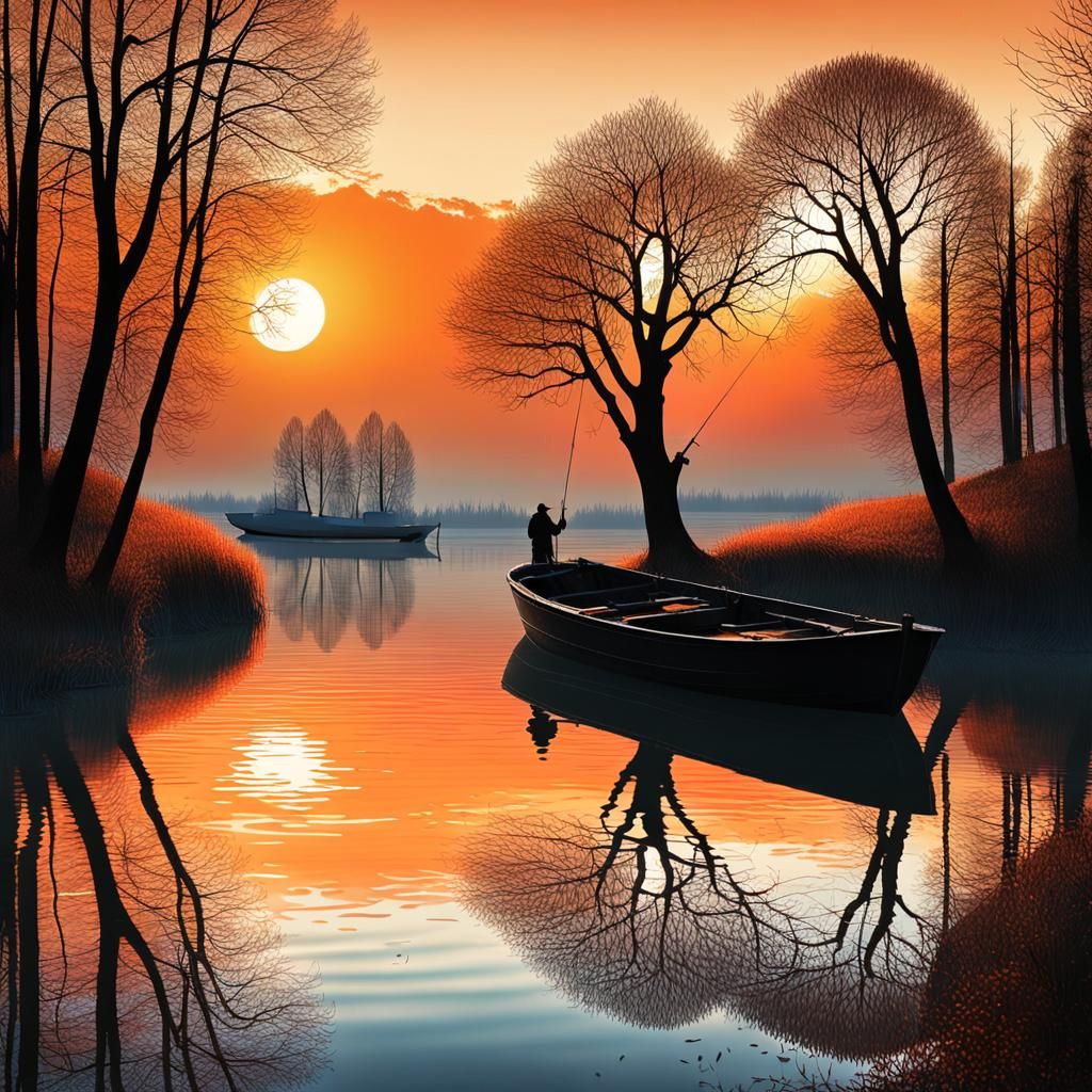 Surreal Sunset Panorama with Lake Reflection