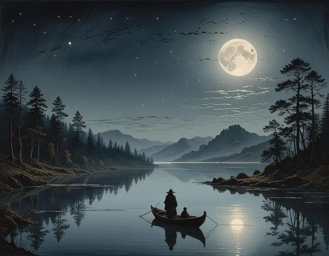 Ethereal Moonlit Voyage in Serene Landscape