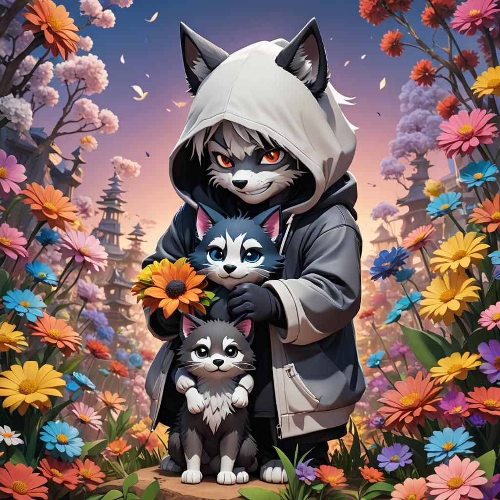 Kenpachi Zaraki with Wolf Cub: 3D Digital Art