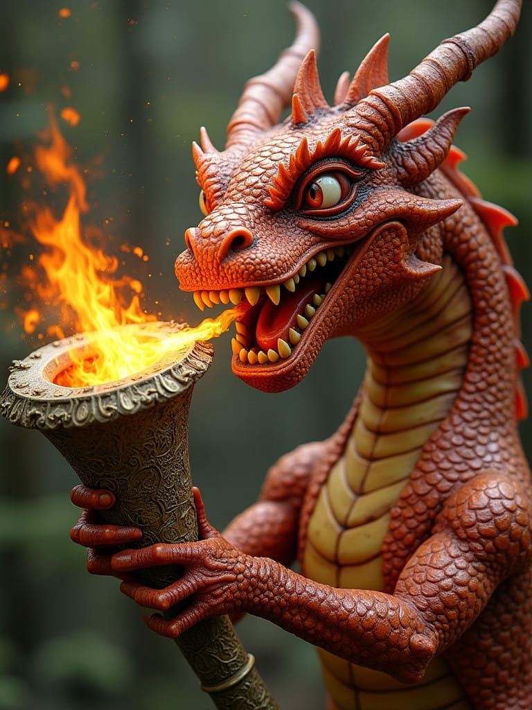 Dragon Blows Brass Bugle Horn in Whimsical, Fantastical Scen...