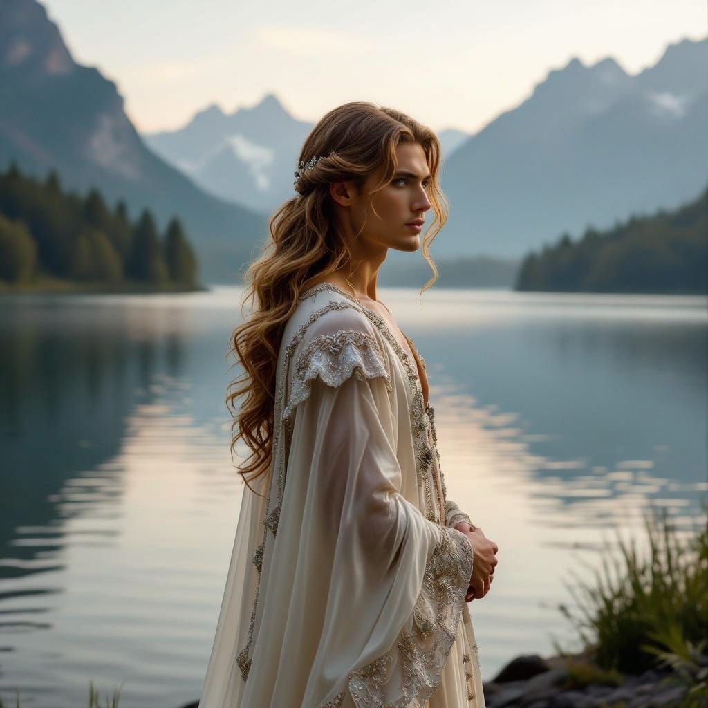 Enchanted Youth in Elegant Attire at Sunset Lake