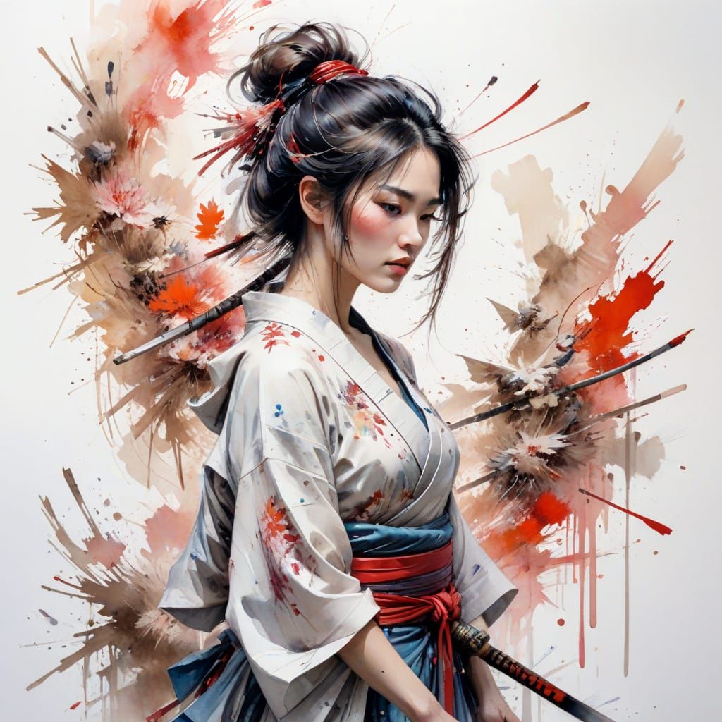 Samurai Woman in Ancient Japanese Watercolor Style