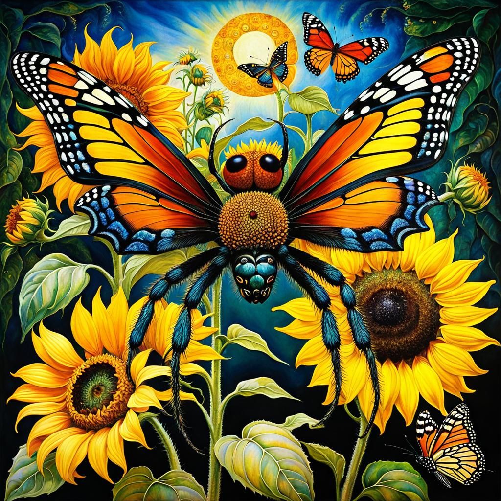 Sunflower Spider and Butterfly in Art Nouveau Style