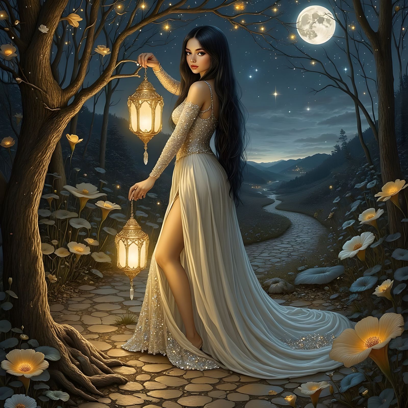 Ethereal Goddess Walks Under Silver Moonlight