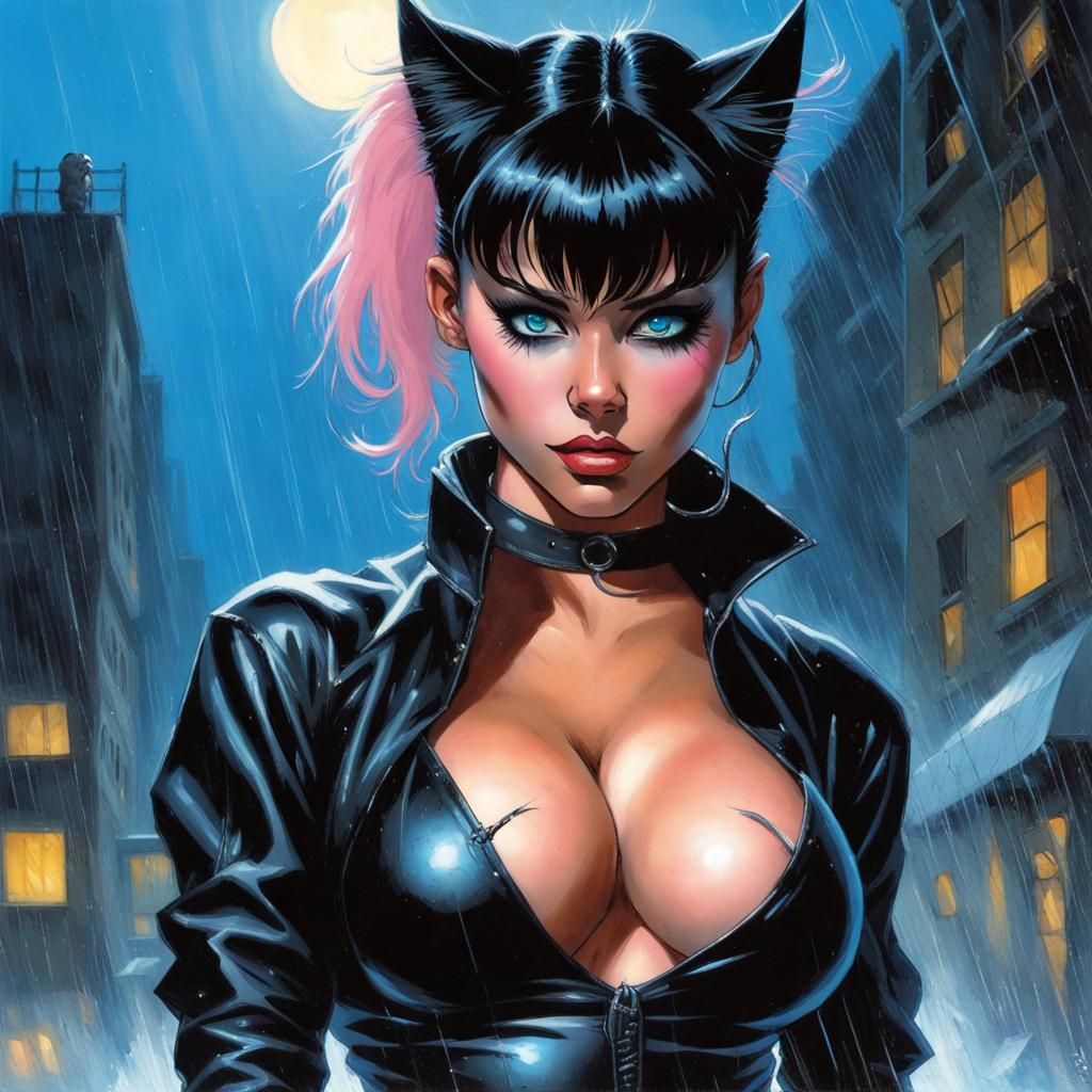 E-Girl Cat Cosplay in Rain, 80s Fantasy Art