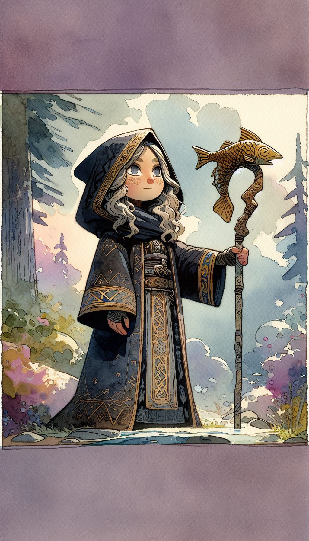 Colorful Elven Wizard with Fish Staff Watercolor