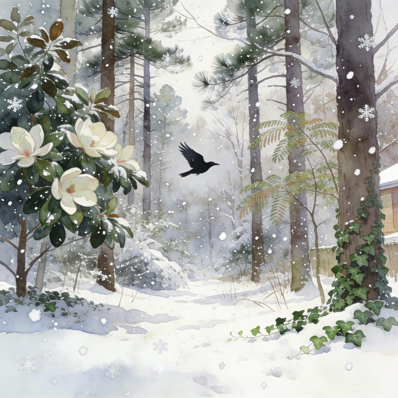 A painting of a serene snowy December day in Northern Virgin...