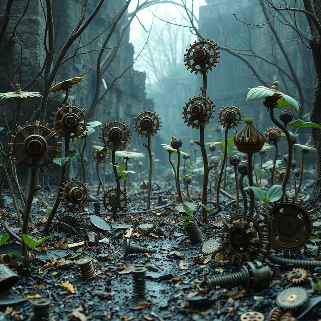 Steampunk Clockwork Garden of Mechanical Flora