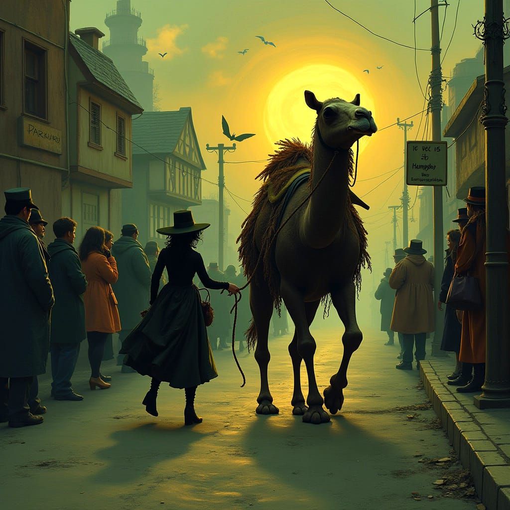 Wednesday's Camel: Surreal Town Scene in Dark Style