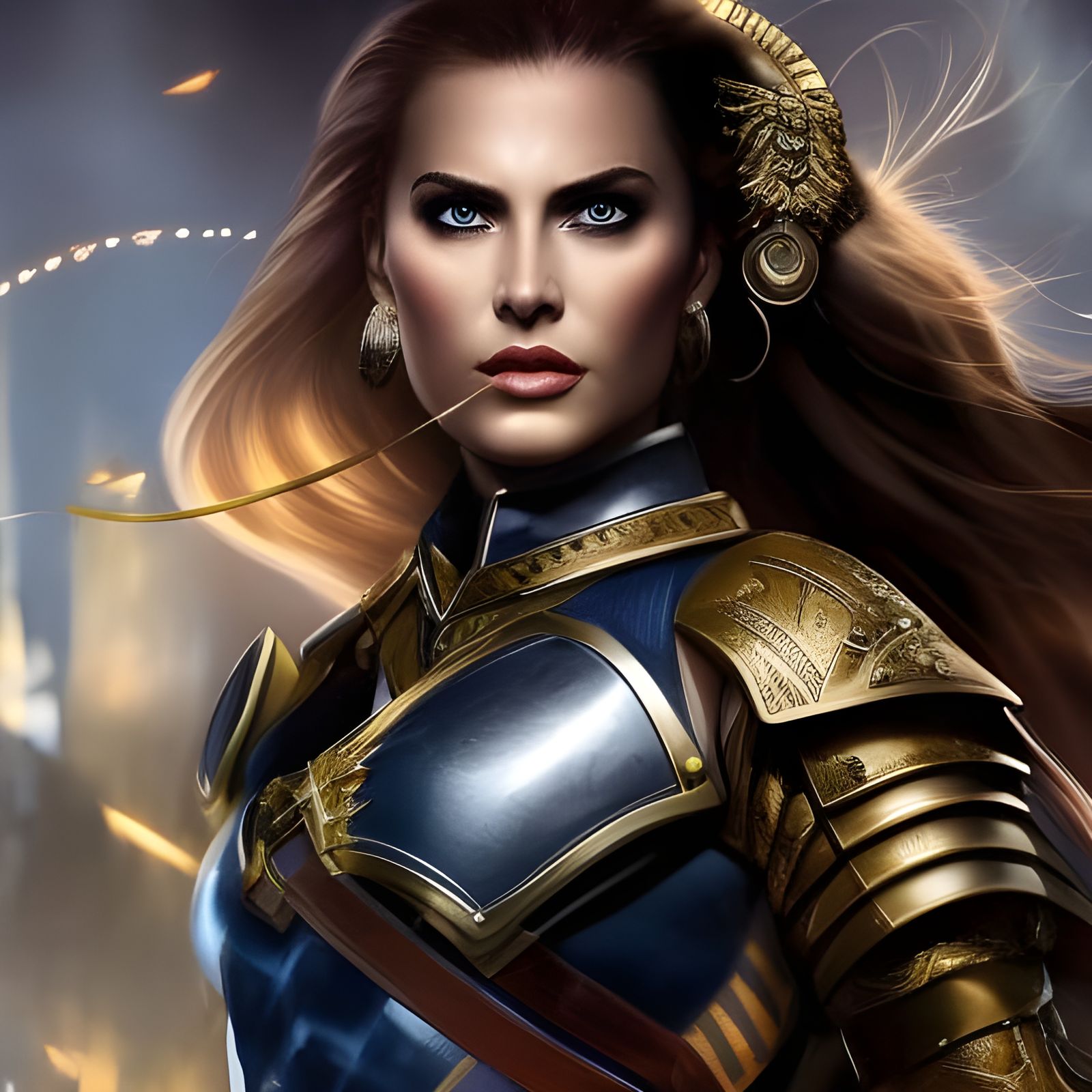 Golden Armored Goddess in Rain: Fantasy Portrait