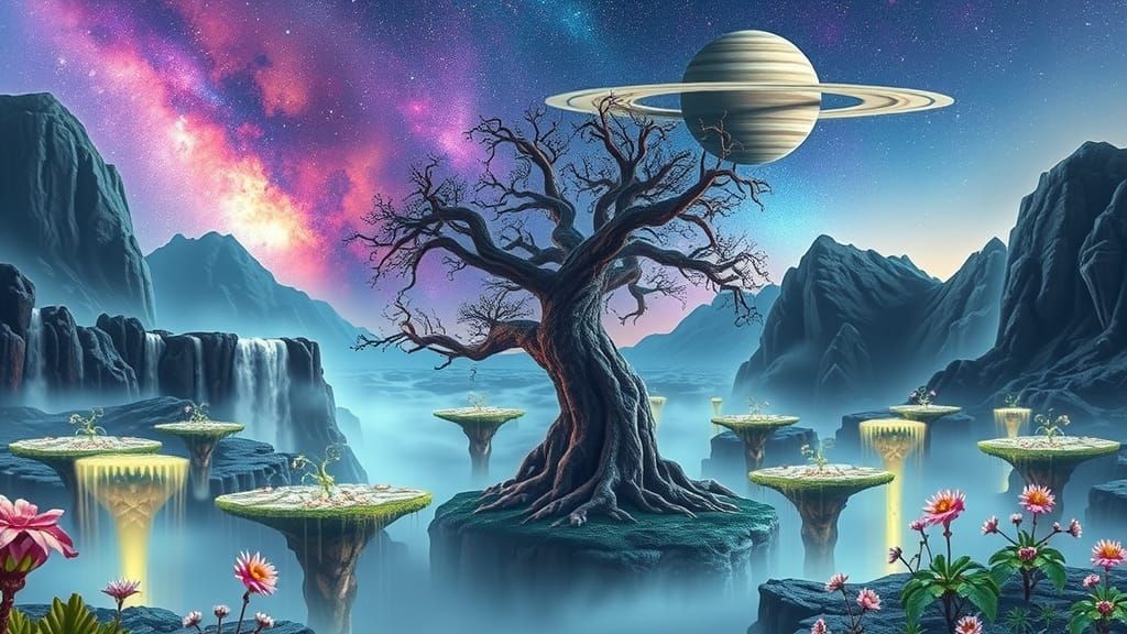 Surreal Floating Islands Landscape with Bioluminescent Flora