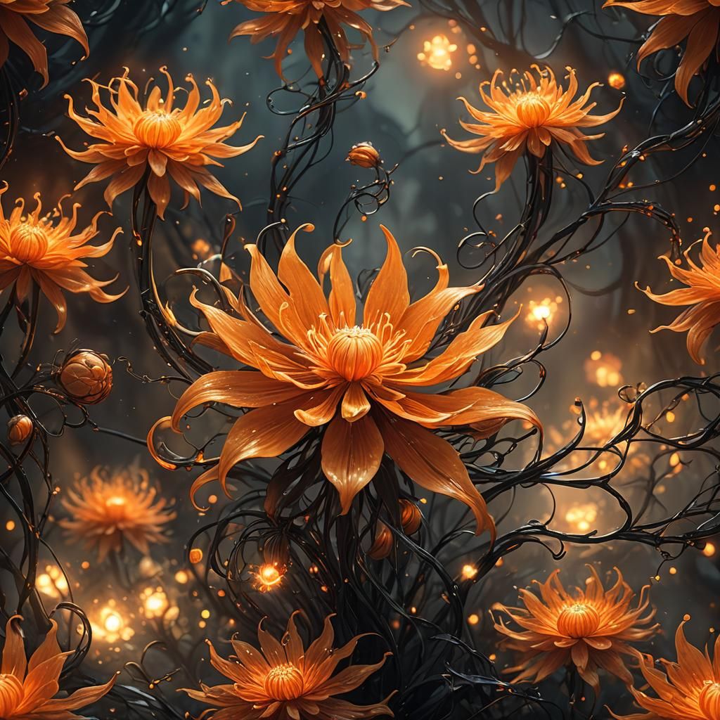Glowing Orange Chaos Flower in Ethereal Fantasy Style