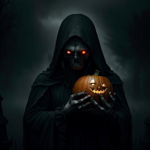 Eerie Pumpkin Head Portrait in Misty Graveyard