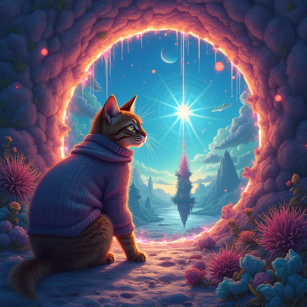Psychedelic Cat Peering into a Surreal Portal