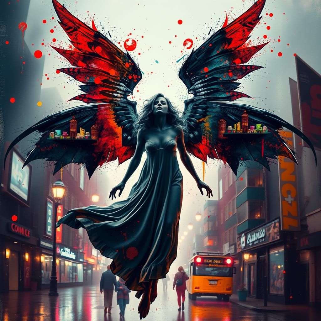 Fallen Angel Silhouette in Conceptual Cityscape Art