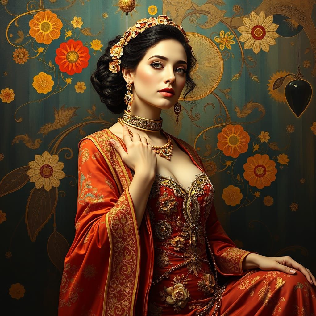 Elegant Woman in Opulent Garb, in Gustav Klimt Style