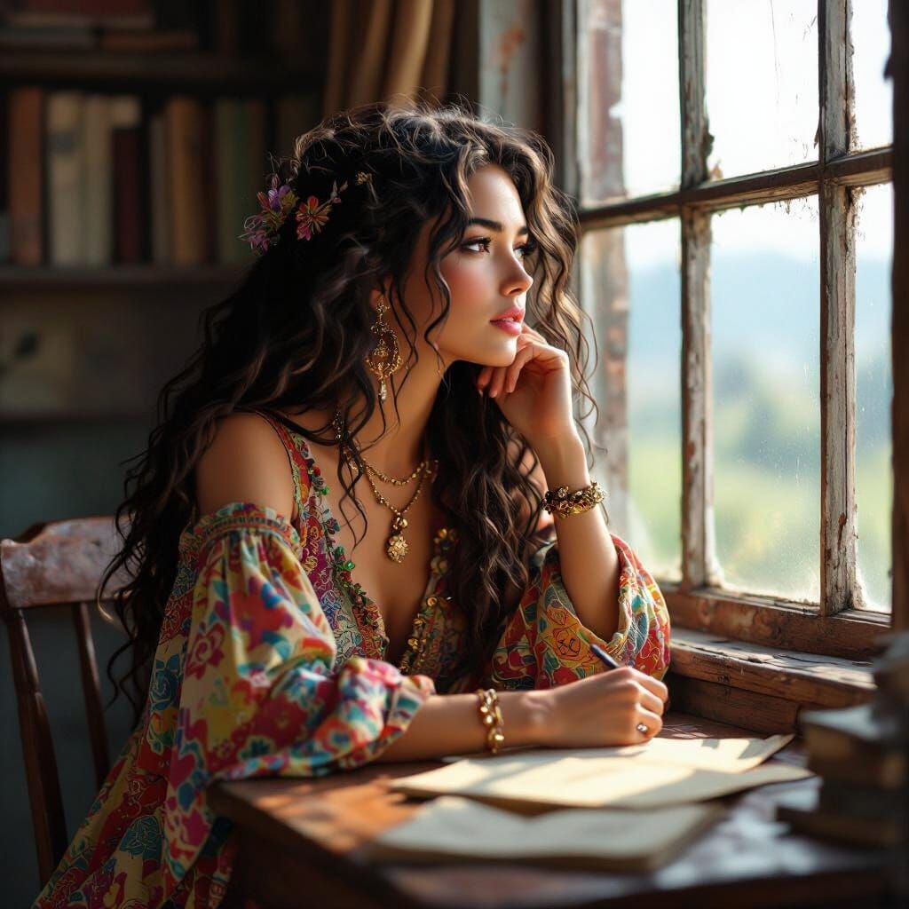 Bohemian Woman Daydreaming: Digital Anime Art