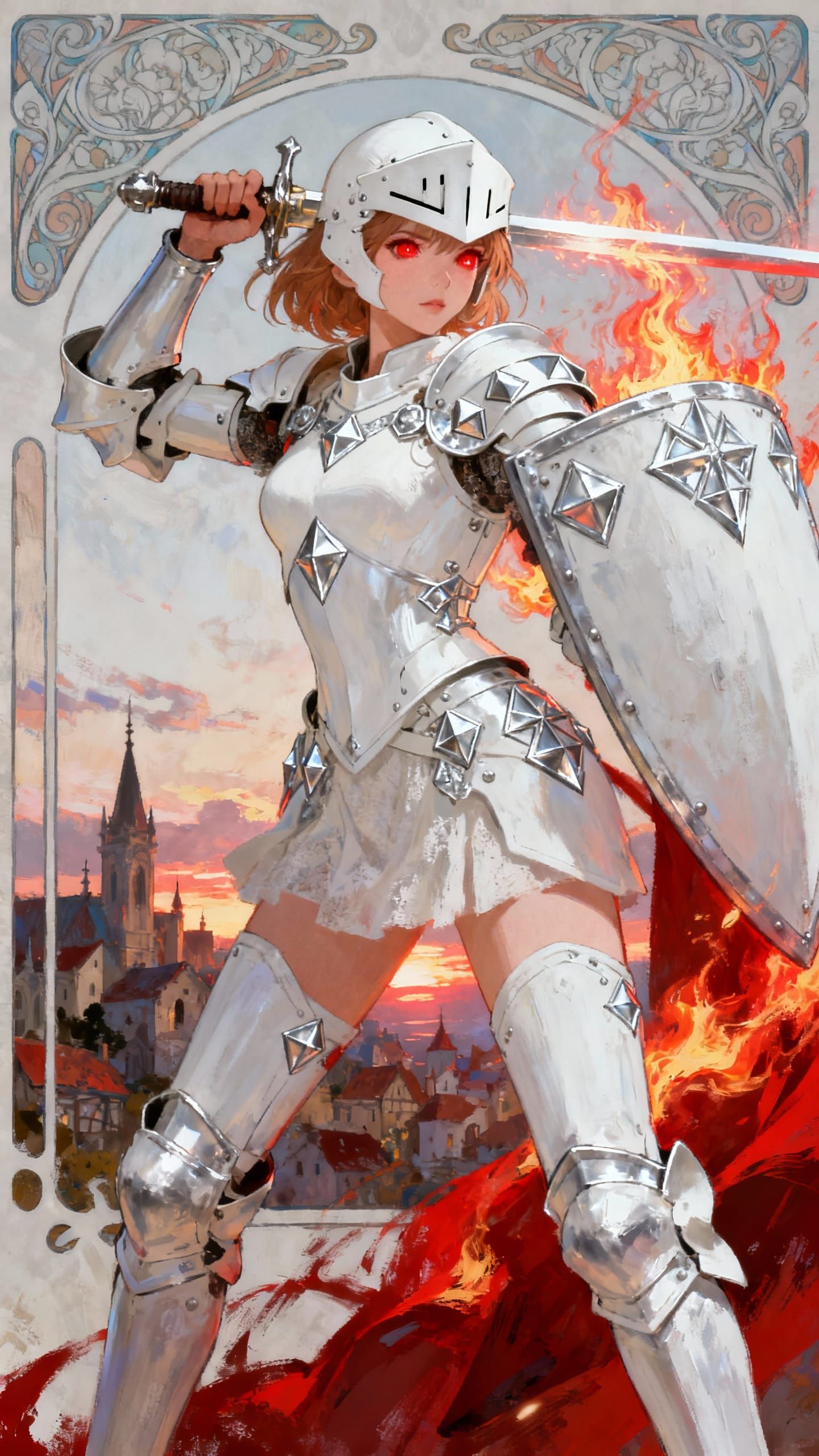 Fire Paladin in White Armor with Glowing Red Eyes