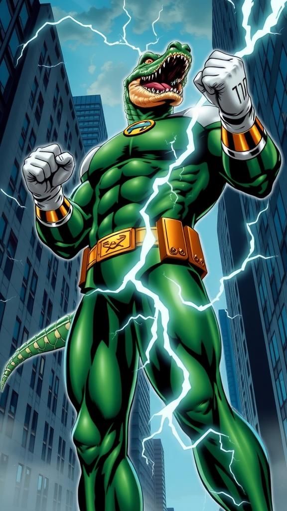 Electric Green Crocodile Hero Towers Over Urban Skyscrapers