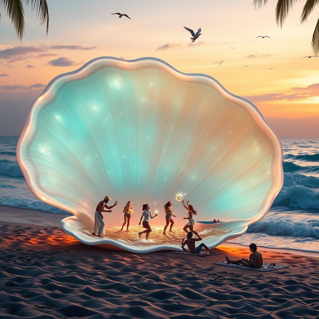 Hyper-Realistic Magical Beach Scene Inside a Glowing Shell