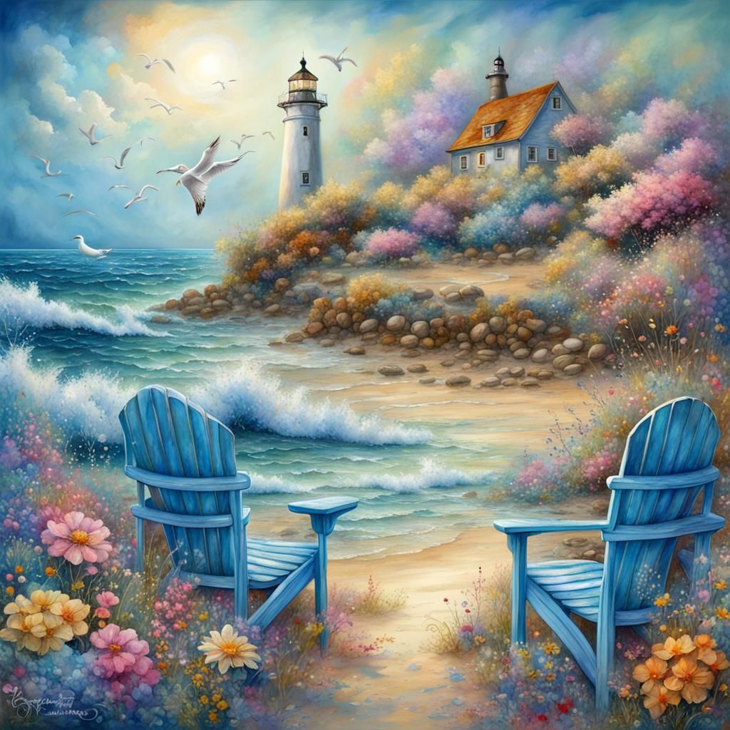 Seascape with Lighthouse in Watercolor Style