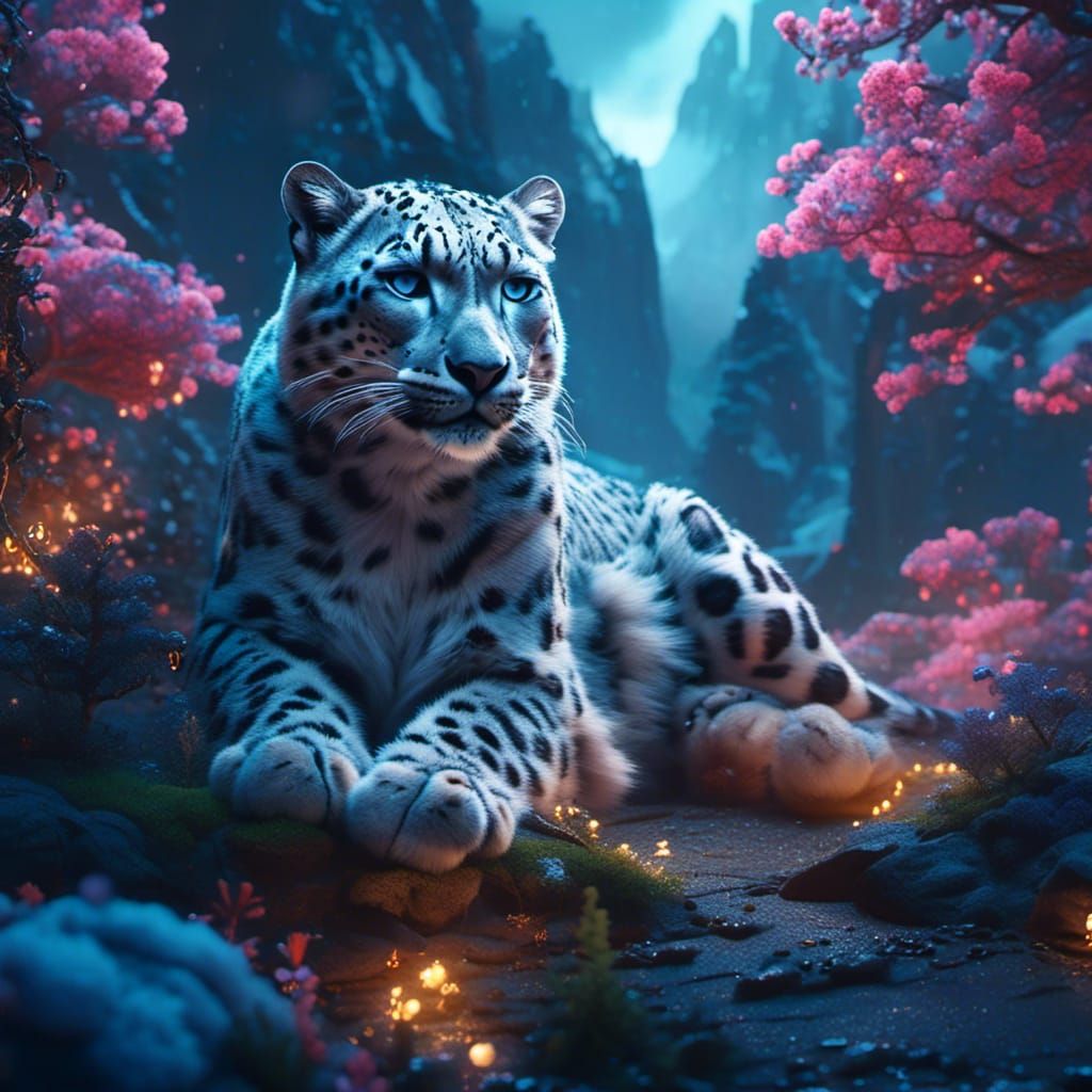 Snow Leopard in Blue Lightning: Fantasy Art