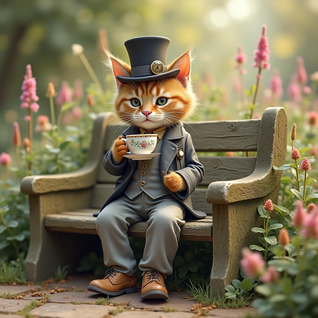 Cat Gentleman Sipping Coffee in Cottagecore Garden