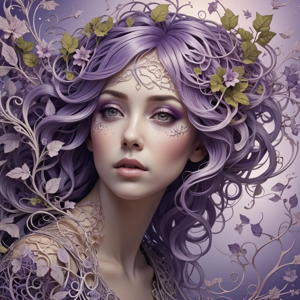Woman with Violet Hair in Abstract Fractal Art