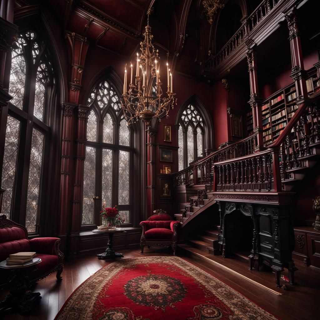 Hyperrealistic Gothic Library in Dark Red and Black