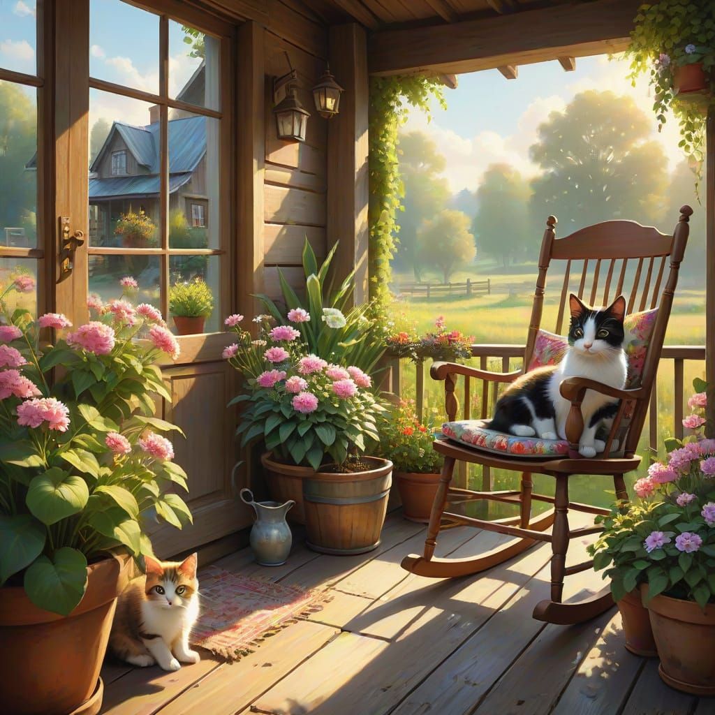 Woman with Kitten on Porch as Whimsical Digital Art
