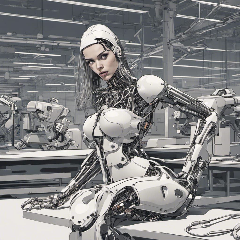Female Terminator with Cybernetic Body on Assembly Line