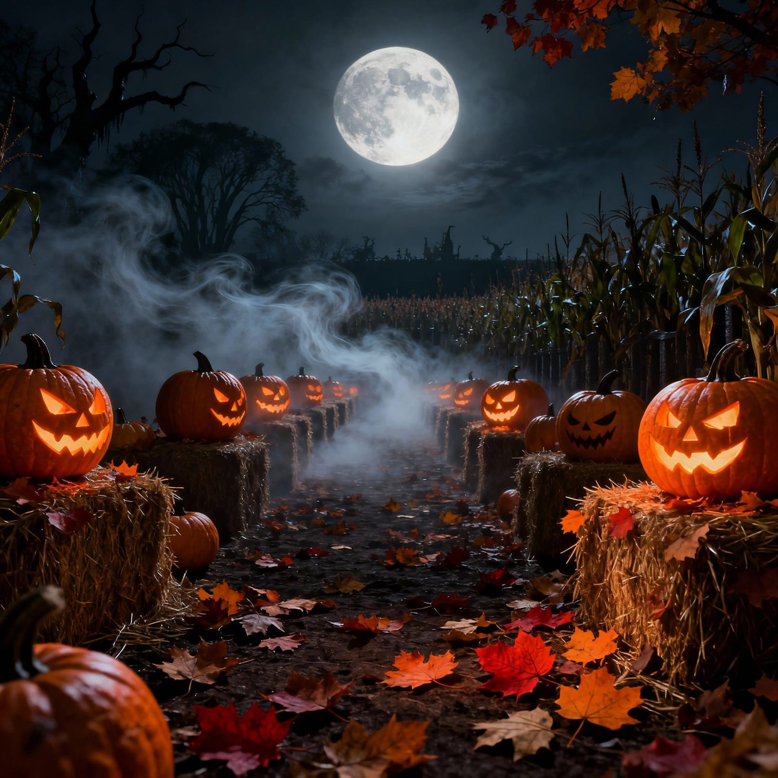 Eerie Pumpkin Maze Halloween Harvest Scene