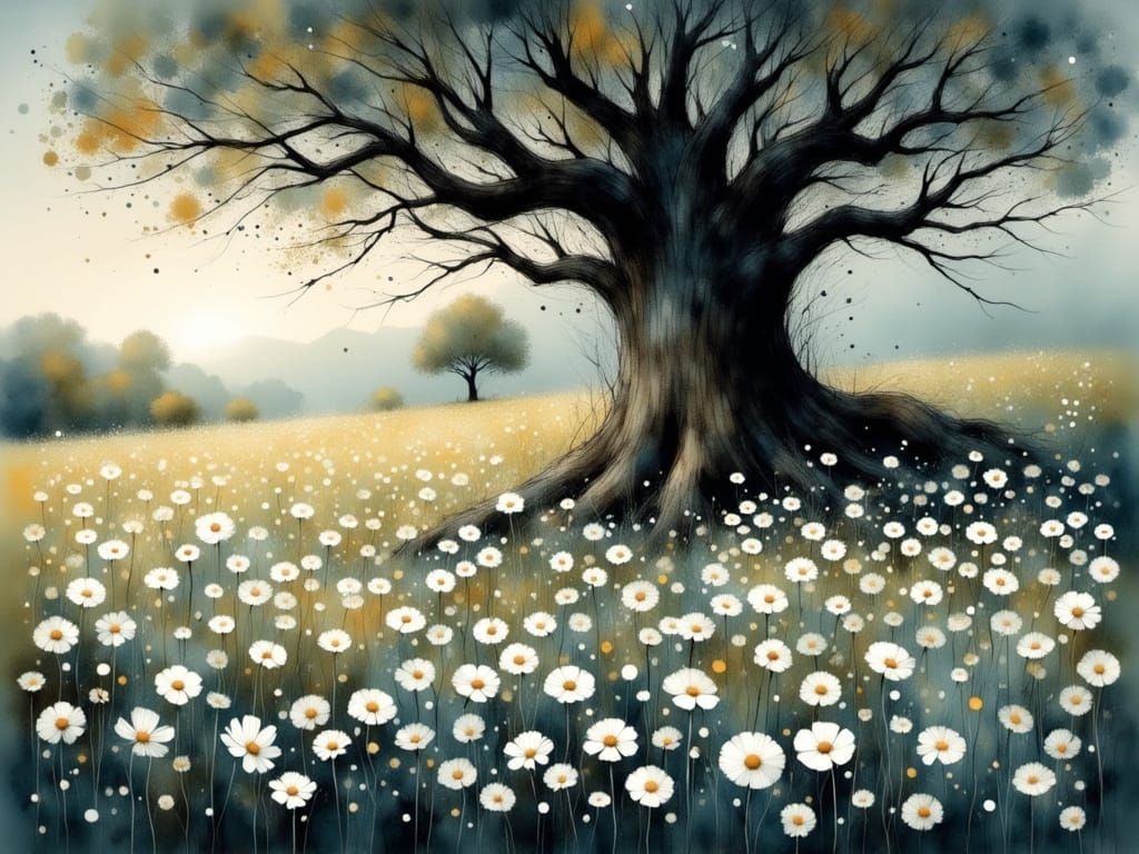 Ethereal Wood Anemones Bloom Under Ancient Tree at Dawn