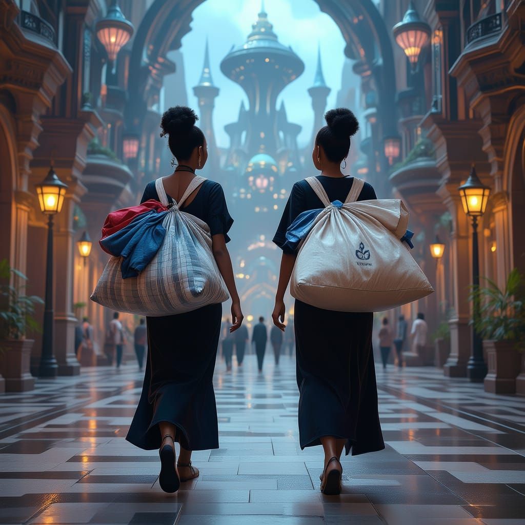 Two Women Carry Laundry in Garbage Bag